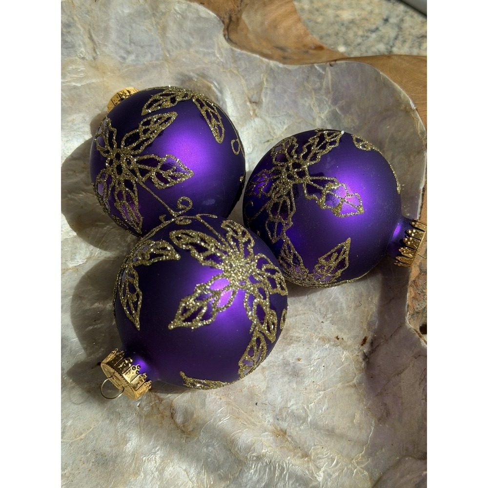 Vintage G&D Plum Purple Glass Christmas Baubles Gold Glitter Set of 3